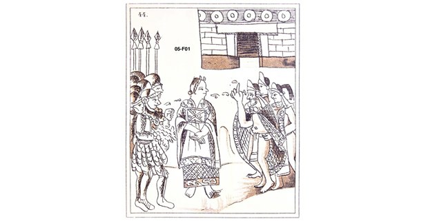 Malinzin fungiendo como intérprete durante el primer encuentro de Cortés y Motecuhzoma II. Códice Florentino