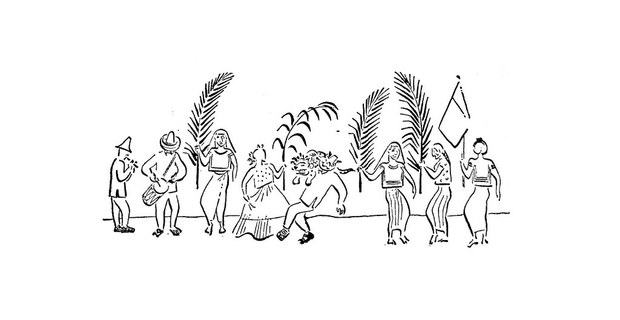 Baile del Jaguar, ejecutado antiguamente en Bisana. Dibujo de Miguel Covarrubias: El sur de México, 1946