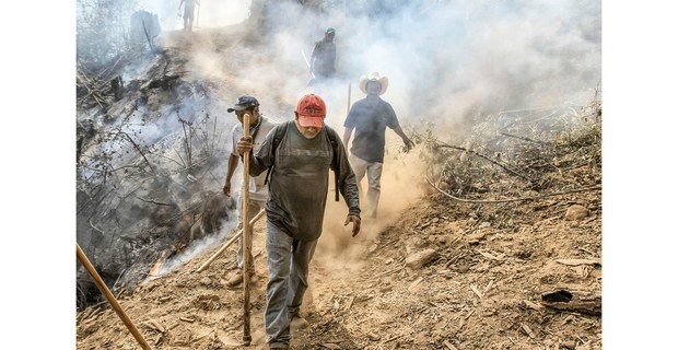 El equipo de Guardabosques comunitario apaga un incendio en las inmediaciones de Cherán. Foto: Consuelo Pagaza