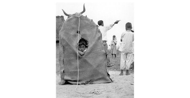 Muchacho dentro de toro de petate, Tenejapa, 1963. Foto: Marcey Jacobson (El cargo del tiempo. Fotografías de los Altos de Chiapas, editado por Carol Karasik, Stanford University Press, 2001)