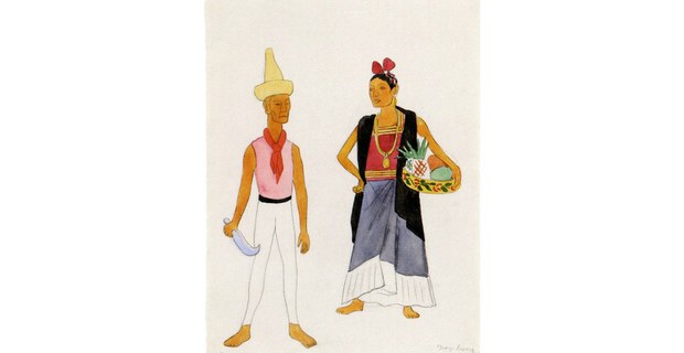Vendedores de frutas de Tehuantepec, diseño para el ballet “Caballos de vapor (HP)” de Carlos Chávez, 1927 o 1931. Acuarela y lápiz sobre papel de Diego Rivera