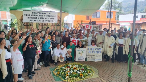 Represeentantes de Alpuyeca en el conversatorio “Defensa de los Derechos Humanos y los Derechos de los Pueblos y Comunidades Indigenas”, Museo Universitario de Arte Indígena de la UAEM, Cuernavaca, Morelos, 19 de julio de 2025. Foto: Facebook de Alpuyeca