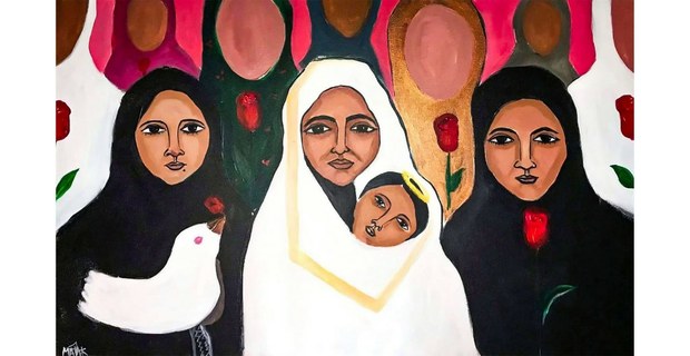 Madre e hija, 2019, óleo sobre tela de la artista palestina Malak Mattal