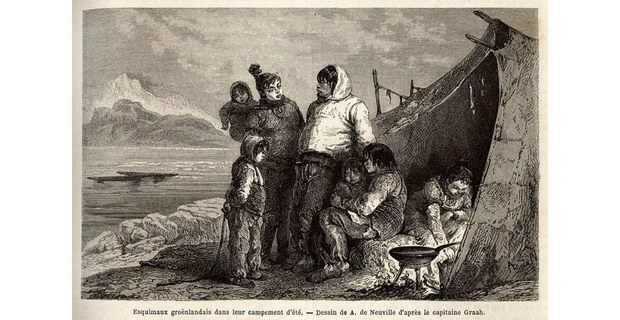 Familia inuit de Groenlandia en su campo de pieles en verano