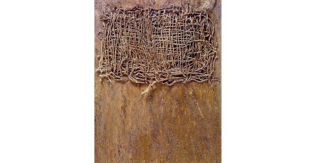 Siena y collage, 2012, óleo y collage encolado de Lucinda Urrusti