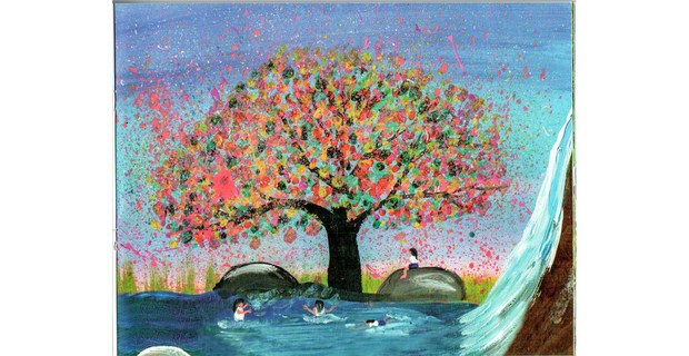 La cascada. Ilustración de Edgar Cruz Méndez para el libro Ojún: del otro lado del agua