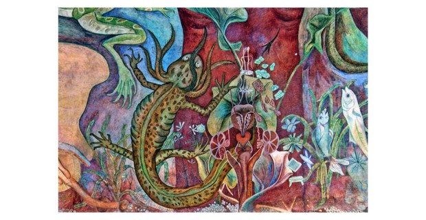 Un ajolote, detalle del mural El agua, origen de la vida en la Tierra, de Diego Rivera (1954), en el Cárcamo del río Lerma, Bosque de Chapultepec, CDMX.