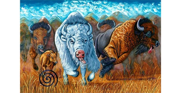 Búfalos en la pradera, óleo de Leonard Peltier