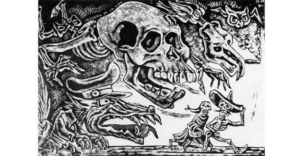 Calaveras contra el pueblo, grabado en linóleo de José Chávez Morado