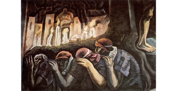 Cargadores de andas, detalle de mural, Museo Histórico en la Alhóndiga de Granaditas, Guanajuato, 1965, por José Chávez Morado