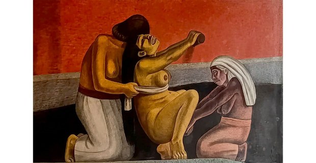 Parto. La medicina prehispánica. Mural de José Chávez Morado (detalle), 1954