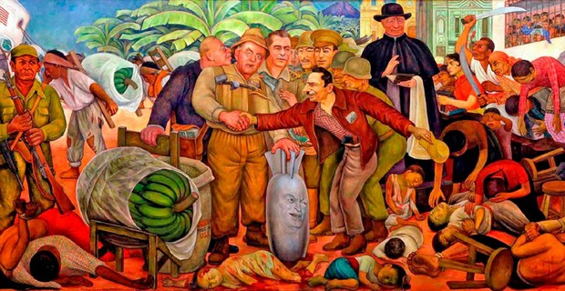 Gloriosa Victoria, lienzo mural de Diego Rivera (1954), en el que se refiere al golpe de Estado patrocinado por Washington para derrocar al presidente Arbenz en Guatemala. La obra permaneció “desaparecida” por más de 40 años. En 2000 fue localizada en las bodegas del Museo Pushkin de Moscú